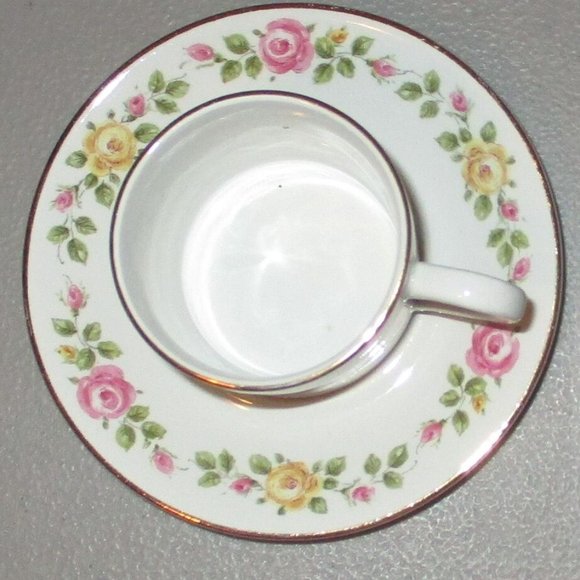 Vintage Porcelain Espresso Demitasse Cup & Saucer White Pink Rose Luneville - Picture 3 of 3